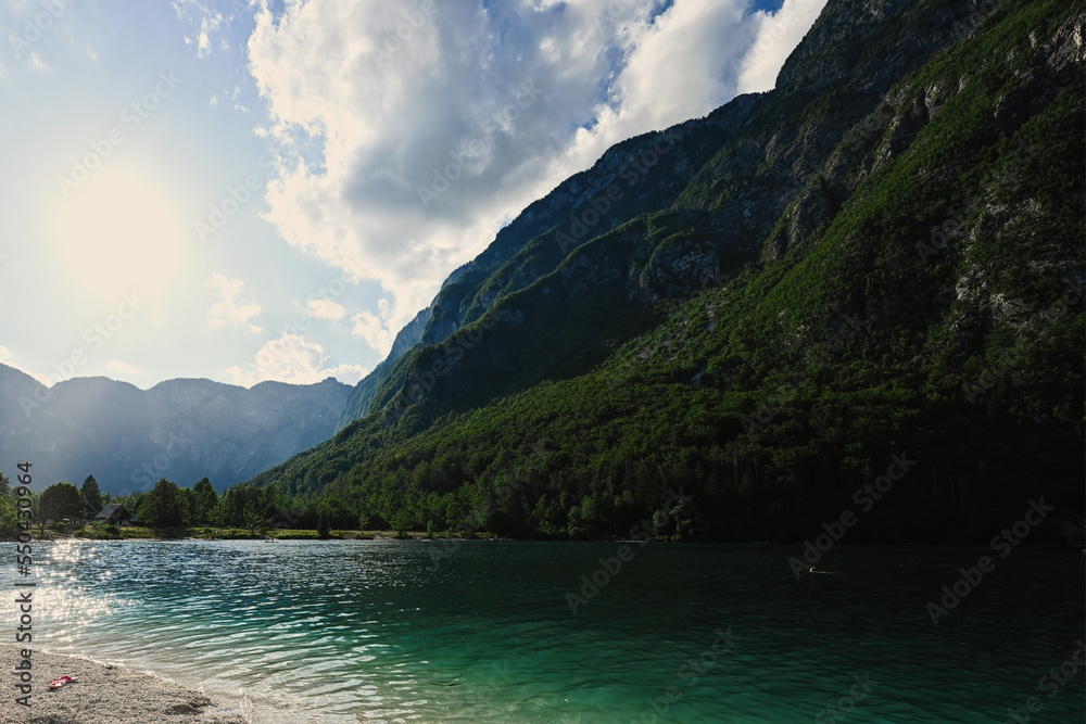 Lake Bohinj, the largest lake in Slovenia, located within the Bohinj Valley of the Julian Alps, part of Triglav National Park.