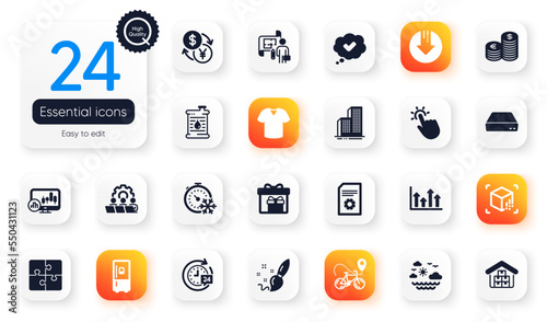 Set of Business flat icons. Plan, Oil barrel and Freezing timer elements for web application. T-shirt, Touchpoint, Delivery boxes icons. Mini pc, 24h delivery, Approved elements. Vector