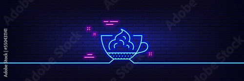 Neon light glow effect. Espresso with whipped cream icon. Hot coffee drink sign. Beverage symbol. 3d line neon glow icon. Brick wall banner. Espresso cream outline. Vector