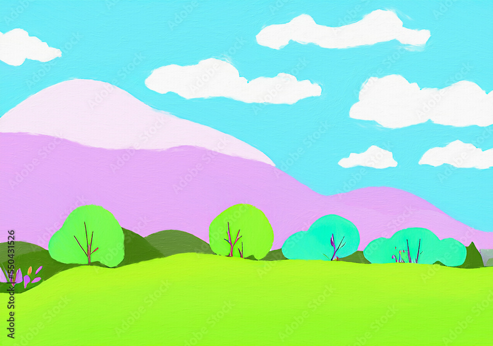 Digital painting illustration of spring or summer beautiful landscape. Rural motifs, ecology, nature.