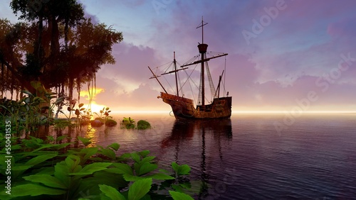 Spanish ship in the bay of a tropical island