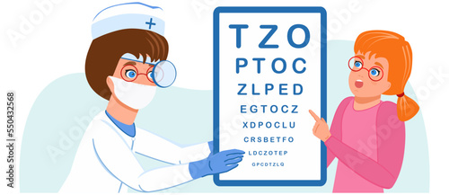 A child at the ophthalmologist reads letters. Vector. Graphics. The theme of health and medicine. Close-up. Banner used in web design