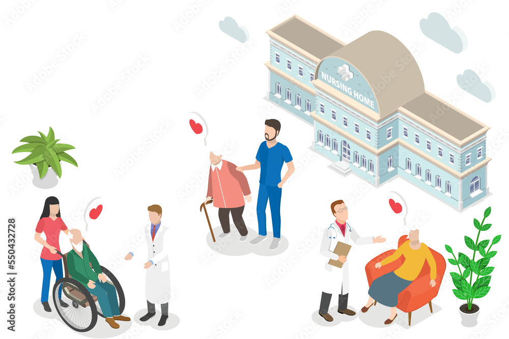 3D Isometric Flat  Conceptual Illustration of Nursing Home