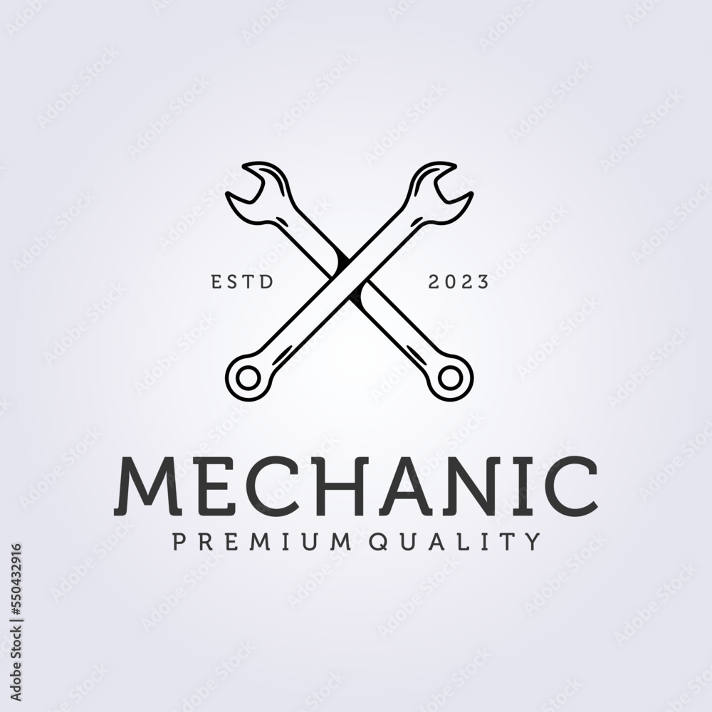 Open end Spanner or Open end wrench mechanic or technician service maintenance minimal logo linear vector illustration design Open end Spanner or Open end wrench mechanic or technician service maintenance minimal logo linear vector illustration design