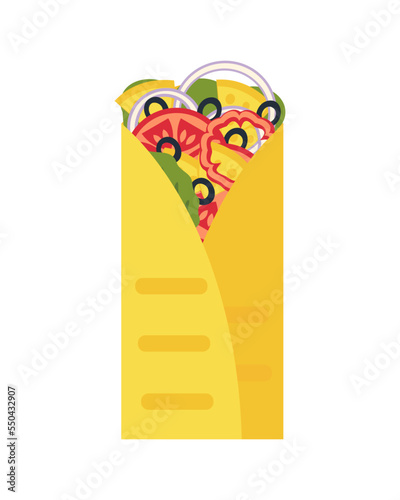 Cheese and olives mexican fastfood burrito in flat style. Perfect for tee, stickers, menu and stationery. Isolated vector illustration for decor and design.