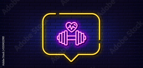 Neon light speech bubble. Dumbbell with heartbeat line icon. Workout equipment sign. Cardio Gym fit symbol. Neon light background. Dumbbell glow line. Brick wall banner. Vector