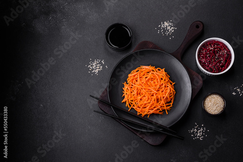 Tasty spicy Korean carrot with spices and herbs