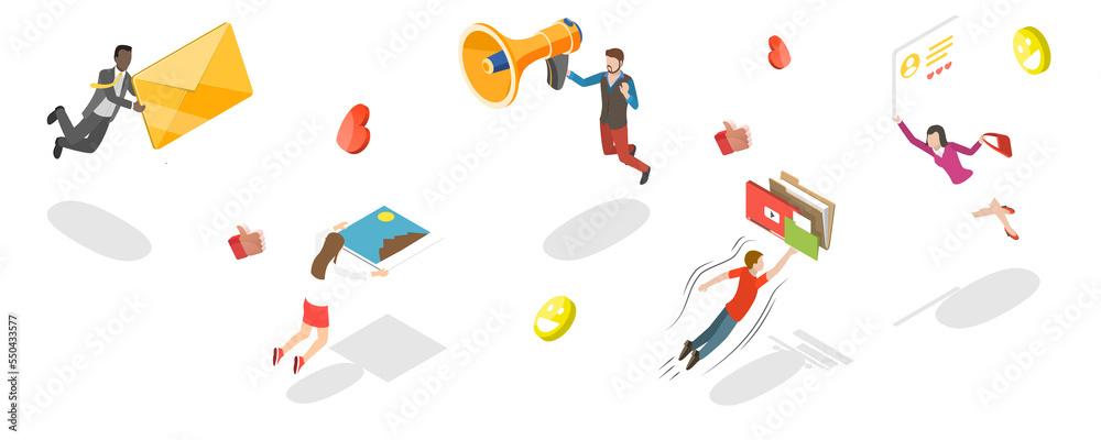 3D Isometric Flat  Conceptual Illustration of Advertising Agency Team