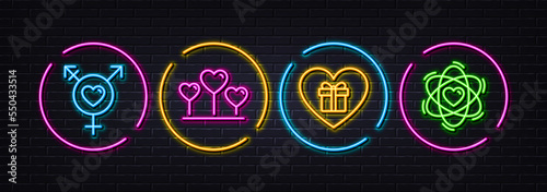 Romantic gift, Genders and Love heart minimal line icons. Neon laser 3d lights. Atom icons. For web, application, printing. Surprise with love, Inclusion, Romantic feelings. Electron. Vector