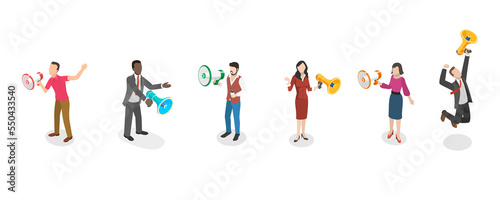 3D Isometric Flat Conceptual Illustration of Set of People With Loudspeaker