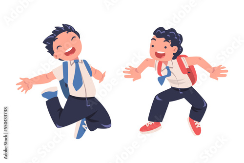 Happy Boy Pupil in Uniform with Tie and Backpack Jumping with Joy Excited About Back to School Vector Set