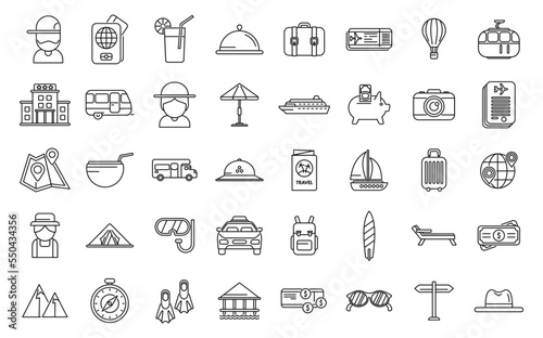 Retirement travel icons set outline vector. Insurance safety. Medical life