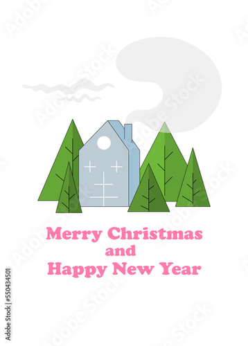 Merry Christmas and New Year illustration, postcard. Font used: Cooper Black.