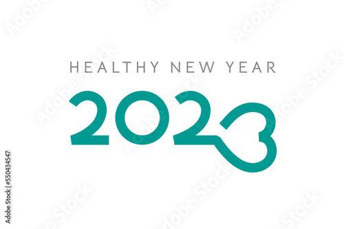 Creative 2023 Happy New Year logo in Heart shape design. Wish of love, health and care.