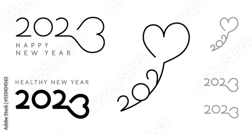 Creative set of 2023 Happy New Year logos in Heart shape design. Wish of love, health and care.