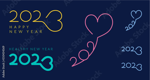 Creative set of 2023 Happy New Year logos in Heart shape design. Wish of love, health and care.