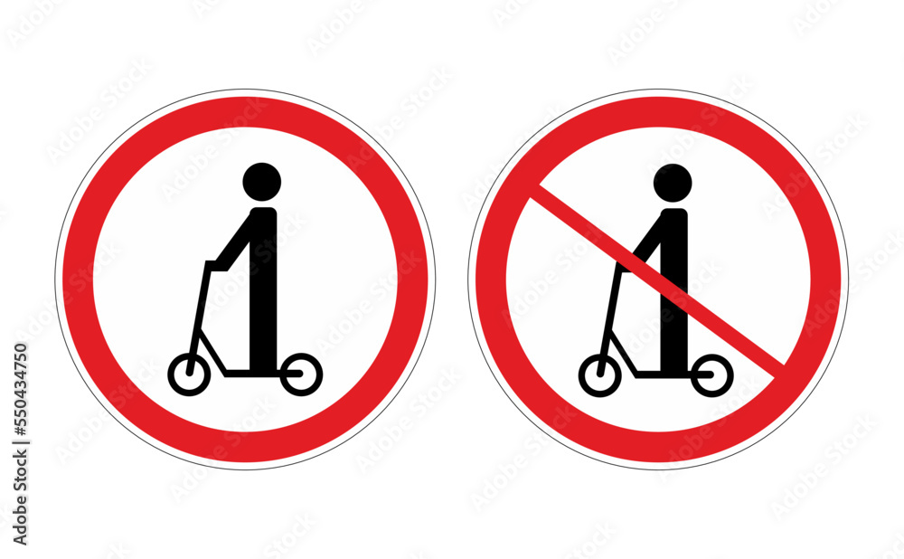 Traffic rules signs e-scooter. Electric scooter and no electric scooter sign on white background. Sign indicating the prohibition or rule. Round template. Vector illustration in flat style. Traffic rules signs e-scooter. Electric scooter and no electric scooter sign on white background. Sign indicating the prohibition or rule. Round template. Vector illustration in flat style.