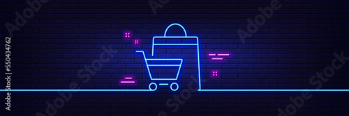 Neon light glow effect. Shopping cart line icon. Customer sale bag sign. Supermarket purchases symbol. 3d line neon glow icon. Brick wall banner. Sale bags outline. Vector