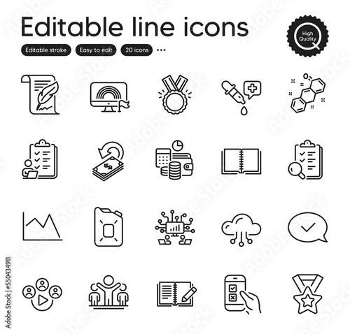 Set of Education outline icons. Contains icons as Checklist, Chemistry pipette and Teamwork elements. Mobile survey, Budget accounting, Inspect web signs. Chemical formula. Vector