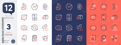 Set of Warning, 360 degrees and Star line icons. Include Support, Crane claw machine, Chemistry lab icons. Loyalty points, Inspect, Cloud communication web elements. Packing boxes. Vector