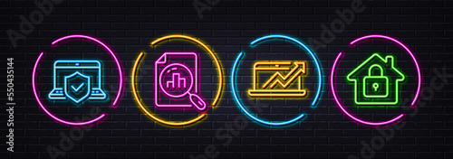 Sales diagram, Laptop insurance and Analytics graph minimal line icons. Neon laser 3d lights. Lock icons. For web, application, printing. Sale growth chart, Full coverage, Chart report. Vector