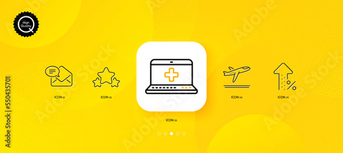 Stars, Medical help and Departure plane minimal line icons. Yellow abstract background. Increasing percent, New mail icons. For web, application, printing. Vector
