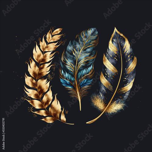 Elegant feather wall art template. Luxury hand drawn wall decoration. Flat illustration isolated on black background