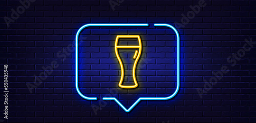 Neon light speech bubble. Beer glass line icon. Pub Craft beer sign. Brewery beverage symbol. Neon light background. Beer glass glow line. Brick wall banner. Vector