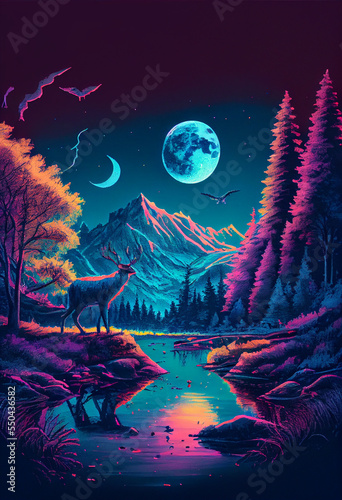 Neon Moonlight Full Moon Landscape Art