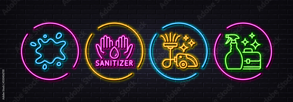 Vacuum cleaner, Dirty spot and Hand sanitizer minimal line icons. Neon laser 3d lights. Cleanser spray icons. For web, application, printing. Vacuum-clean, Laundry service, Hygiene care. Vector