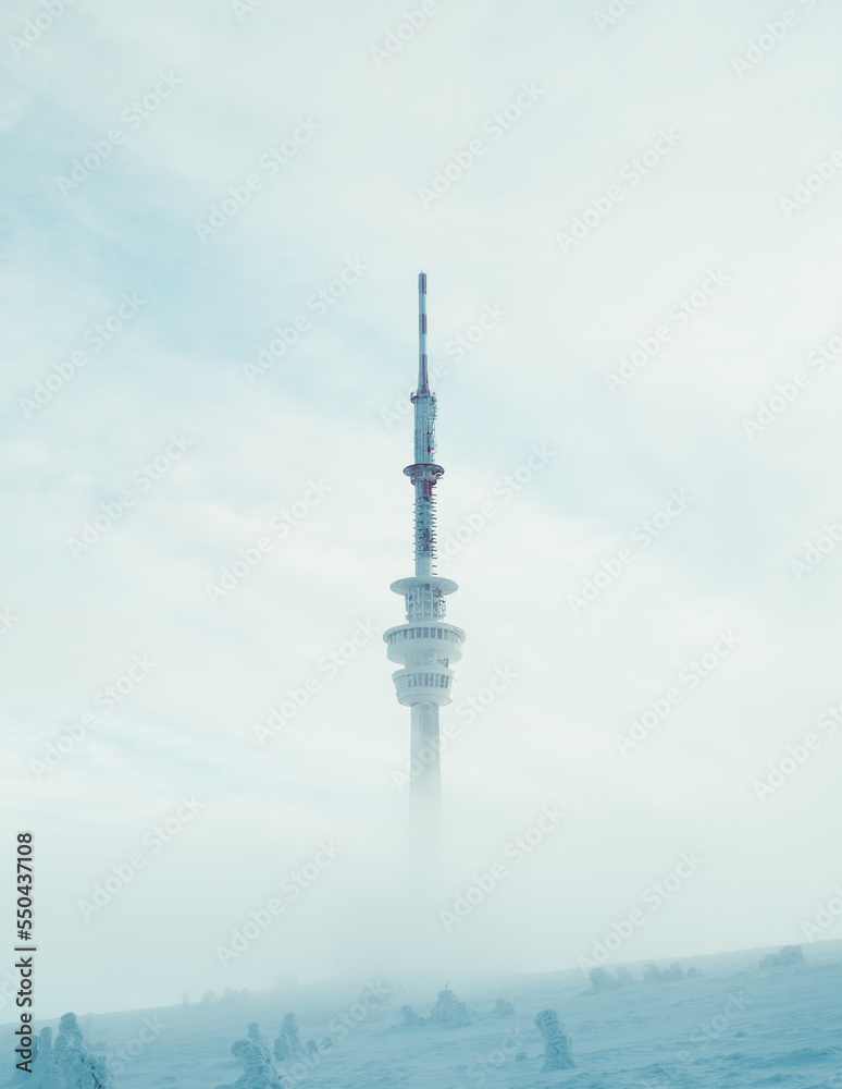 television tower with fog in the morning winter season, Praded, Czech republic television tower with fog in the morning winter season, Praded, Czech republic