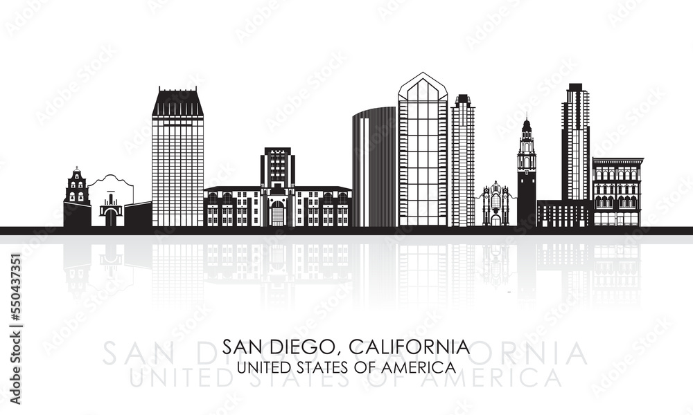 Silhouette Skyline panorama of San Diego, California, United States - vector illustration