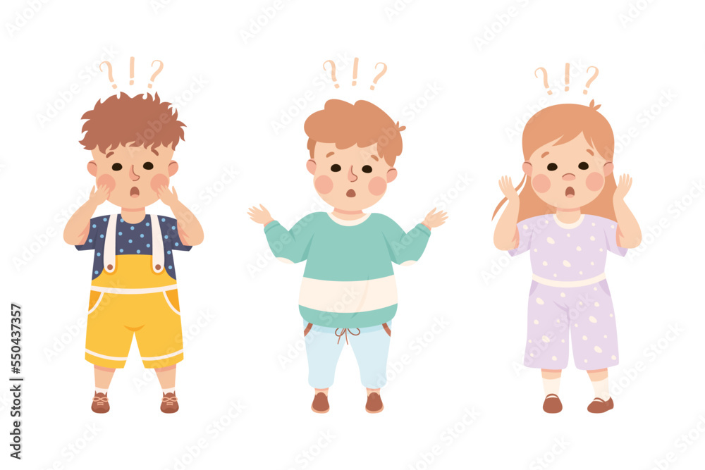Puzzled Little Boy and Girl with Question Mark Scratching Head Wondering Vector Set Puzzled Little Boy and Girl with Question Mark Scratching Head Wondering Vector Set