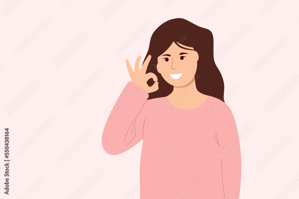 Cheerful girl showing an OK fingers sign. You can add content in the space. Person showing OK sign with hand. Happy positive emotions and expressive gesture women. flat color vector illustration Cheerful girl showing an OK fingers sign. You can add content in the space. Person showing OK sign with hand. Happy positive emotions and expressive gesture women. flat color vector illustration