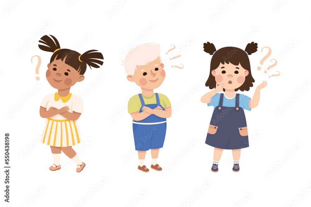 Puzzled Little Boy and Girl with Question Mark Scratching Head Wondering Vector Set Puzzled Little Boy and Girl with Question Mark Scratching Head Wondering Vector Set