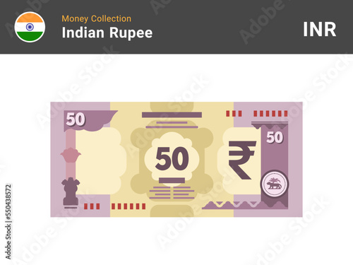 Indian rupee banknote illustration. 50 bill paper money. Fifty INR cash. The official currency of India. Flat style. Simple minimal design. Vector.