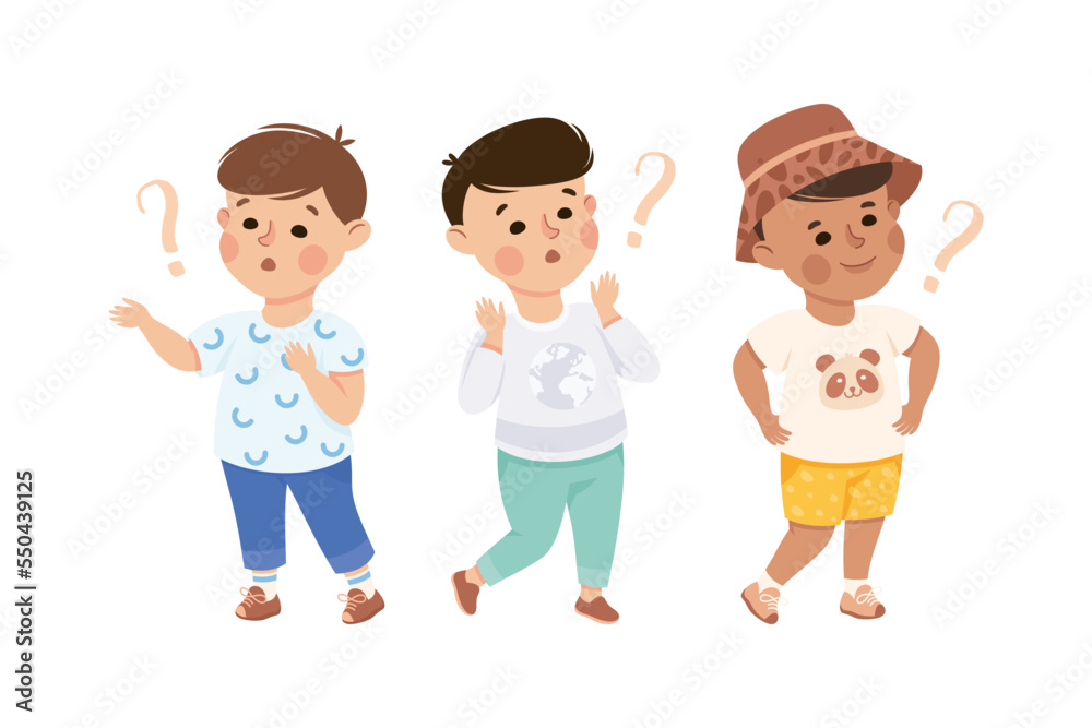 Puzzled Little Boy with Question Mark Scratching Head Wondering Vector Set