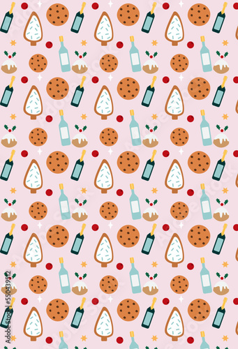 Christmas seamless pattern with xmas decor with buiscuits, pudding and shampagne.Winter pattern for wrapping paper on blue background