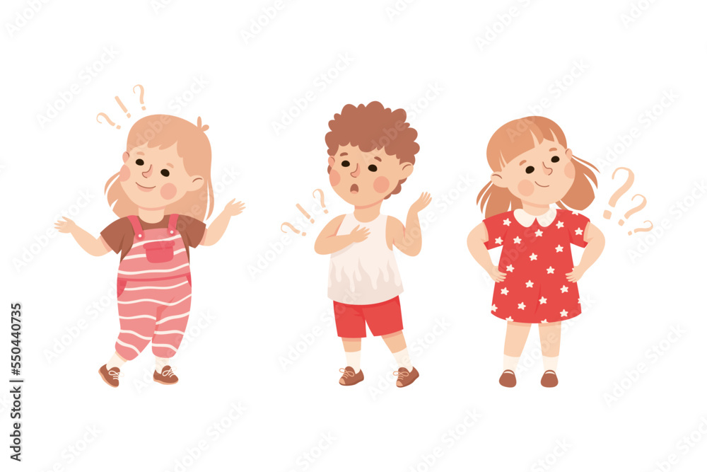 Puzzled Little Boy and Girl with Question Mark Scratching Head Wondering Vector Set Puzzled Little Boy and Girl with Question Mark Scratching Head Wondering Vector Set