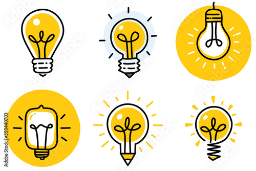 Hand drawn stylish illustration set with various light bulbs