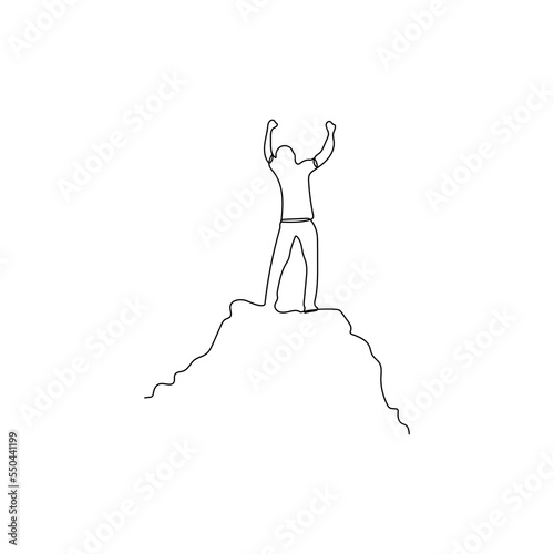 Winner man on mountain peak. One line art. Man stands with arms outstretched on top of the mountain. Success, power, motivation concept. Hand drawn vector illustration.