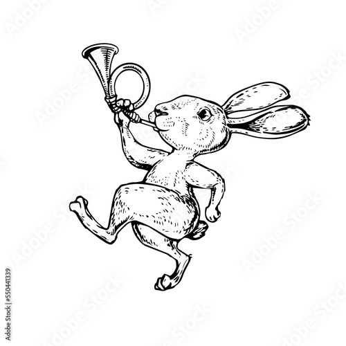 Vintage herald rabbit with horn. Cartoon cute dancing bunny, black and white hand drawn vector line art. Coloring book page design.