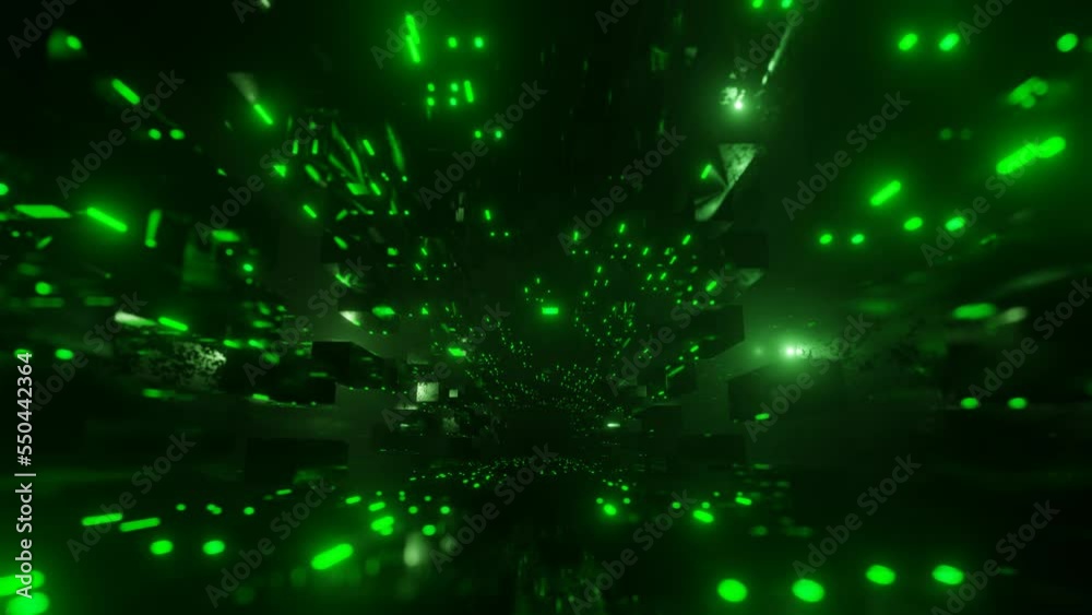 Blocks in air. Large space. Fly through technology cyberspace with green neon glow. Sci-fi flight through hi-tech technology tunnel. Hologram and neon light. 3d looped seamless 4k bg. Data flow. DOF