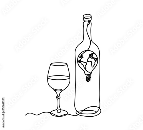 Drawing line wine with globe light bulb on the white background. Vector