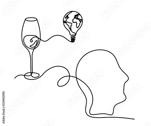 Drawing line wine with globe light bulb on the white background. Vector