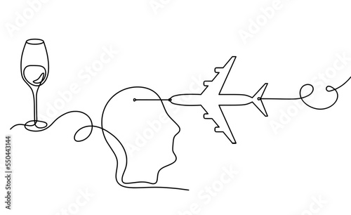 Drawing line wine with plane on the white background. Vector