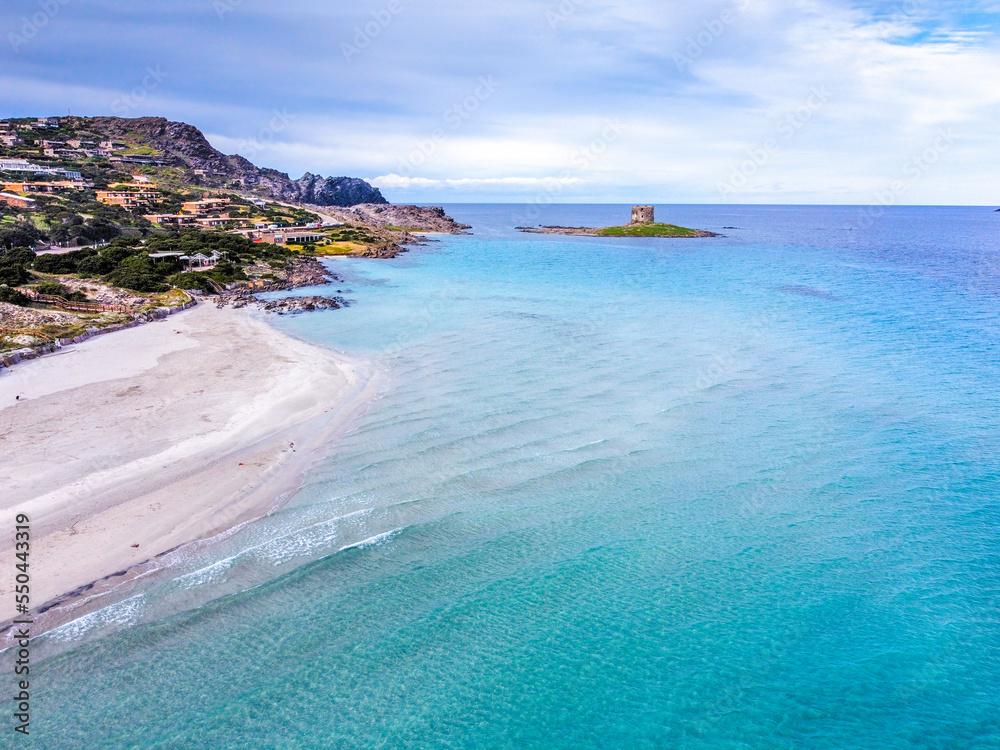 Fototapeta premium Aerial view of La Pelosa beach under a grey sky