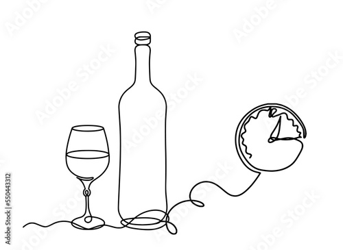 Drawing line wine with clock on the white background. Vector