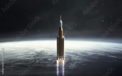 3D illustration of Artemis mission take of from Earth. SLS rocket. People landing Moon surface. Elements of this image furnished by NASA photo