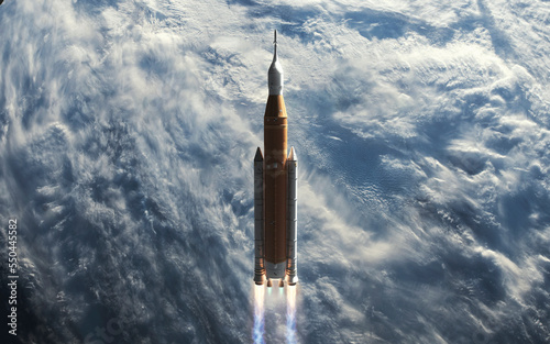 3D illustration of Spaceship launch from Earth. Mission to Moon. SLS space rocket. Orion spacecraft. Artemis space program to research solar system. Elements of this image furnished by NASA photo